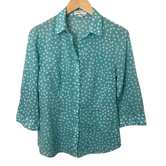 Coldwater Creek No Iron Aqua Blue Polka Dot Button Up 100% Cotton Sz S/8 - Picture 1 of 7